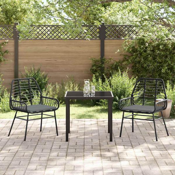 3-teiliges Garten-Essset mit Kissen Schwarz Poly Rattan