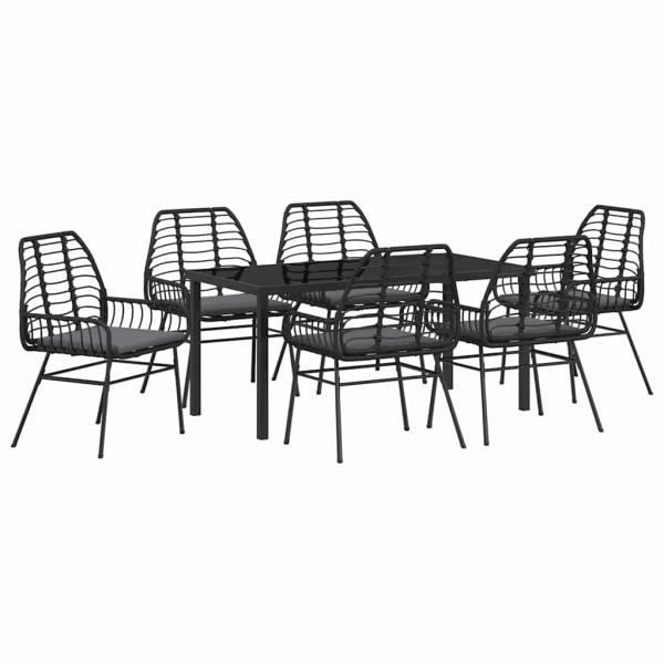 7-teiliges Garten-Ess-Set mit Kissen Schwarz Poly-Rattan