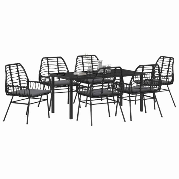 7-teiliges Garten-Ess-Set mit Kissen Schwarz Poly-Rattan