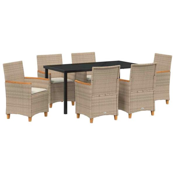 7-teiliges Garten-Esszimmer Set mit Kissen Beige Poly-Rattan
