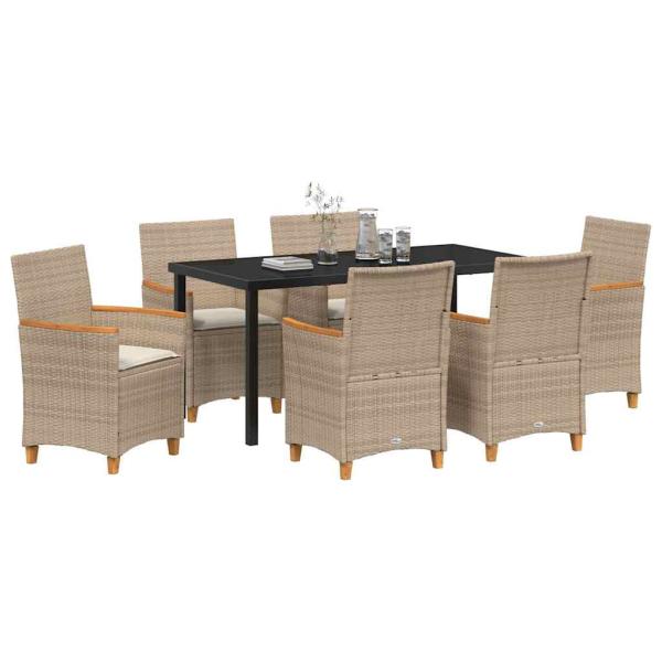 7-teiliges Garten-Esszimmer Set mit Kissen Beige Poly-Rattan