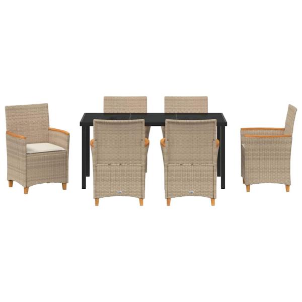 7-teiliges Garten-Esszimmer Set mit Kissen Beige Poly-Rattan