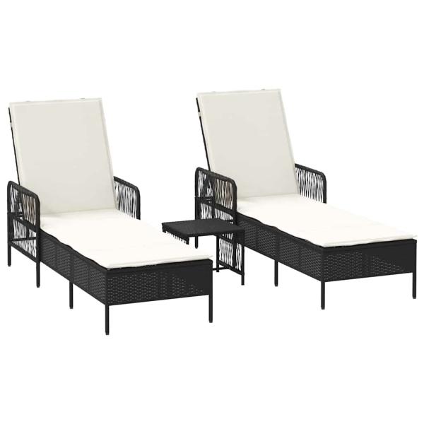 Sonnenliege Set 3-teilig Schwarz und Creme PE Rattan, Metall