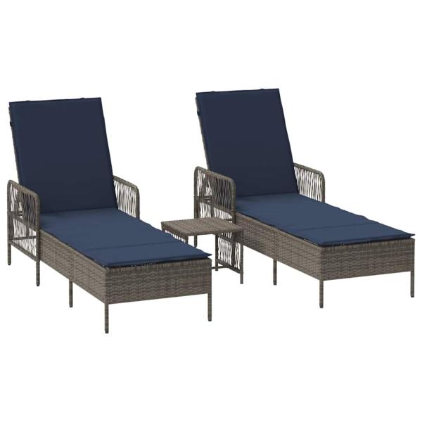 Sonnenliege Set aus 3 Grau und marineblau PE-Rattan, Metall