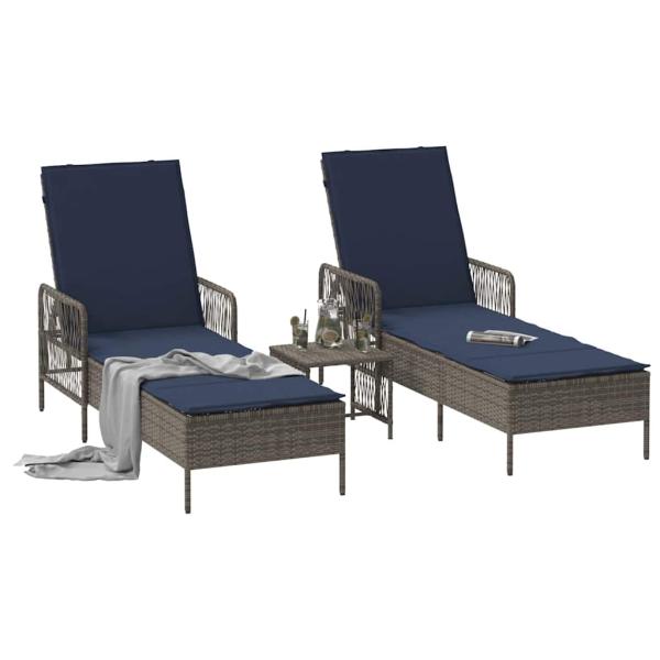 Sonnenliege Set aus 3 Grau und marineblau PE-Rattan, Metall