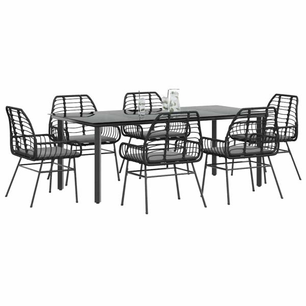 ARDEBO.de - 7-tlg. Garten-Essgruppe mit Kissen Schwarz Poly Rattan Glas