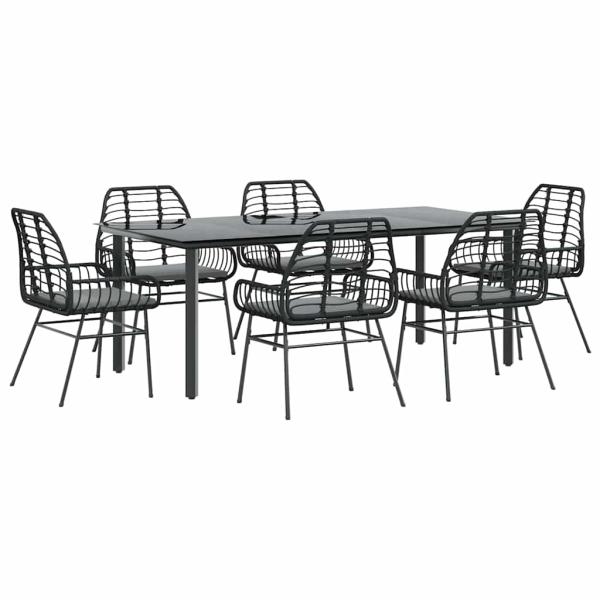 7-tlg. Garten-Essgruppe mit Kissen Schwarz Poly Rattan Glas