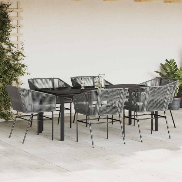 7-tlg. Garten-Essgruppe mit Kissen Grau Poly Rattan Glas