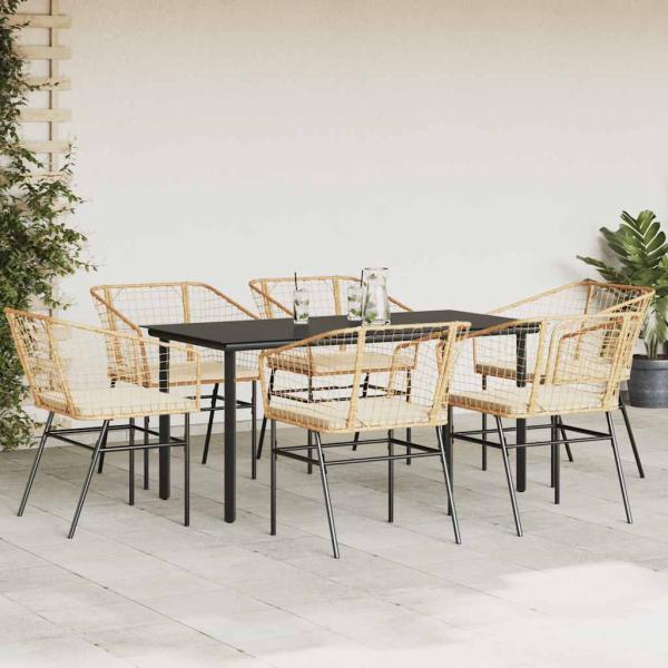 7-tlg. Garten-Essgruppe mit Kissen Braun Poly Rattan Glas