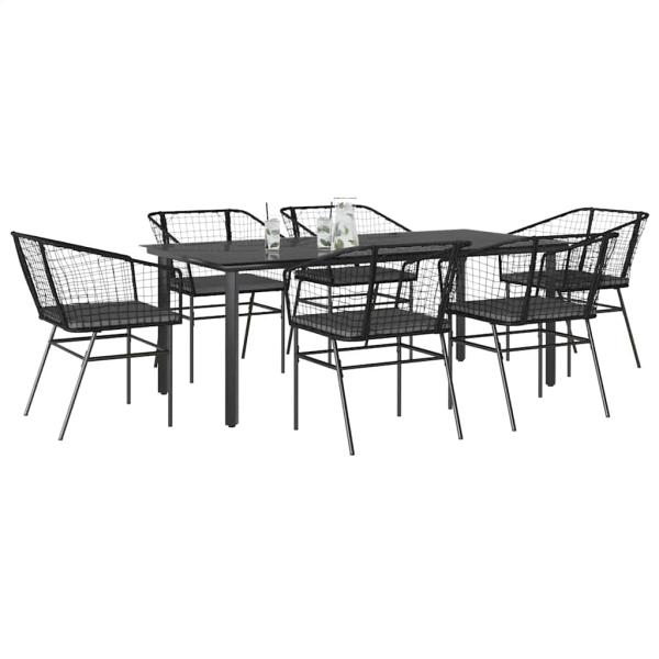 ARDEBO.de - 7-tlg. Garten-Essgruppe mit Kissen Schwarz Poly Rattan Glas