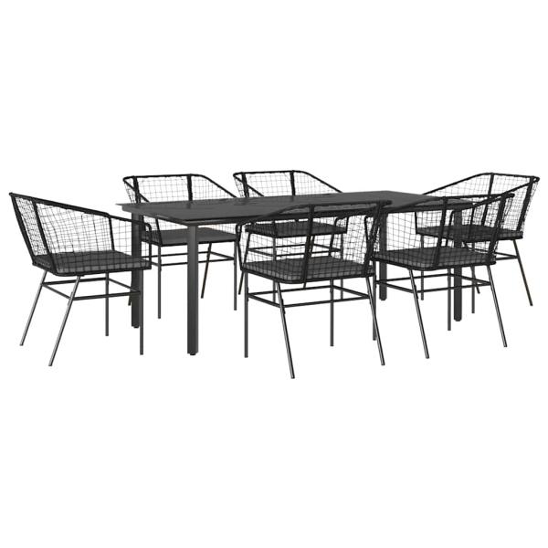 7-tlg. Garten-Essgruppe mit Kissen Schwarz Poly Rattan Glas
