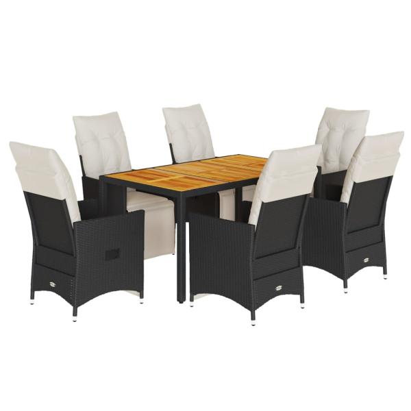 7-tlg. Garten-Essgruppe mit Kissen Schwarz Poly Rattan