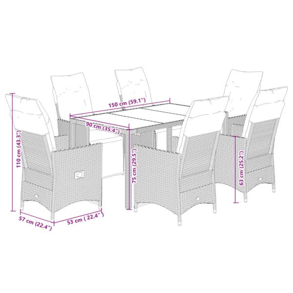 7-tlg. Garten-Essgruppe mit Kissen Schwarz Poly Rattan