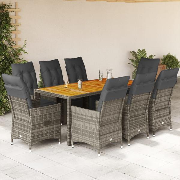 ARDEBO.de - 9-tlg. Garten-Bistro-Set mit Kissen Grau Poly Rattan