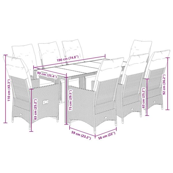 9-tlg. Garten-Bistro-Set mit Kissen Grau Poly Rattan