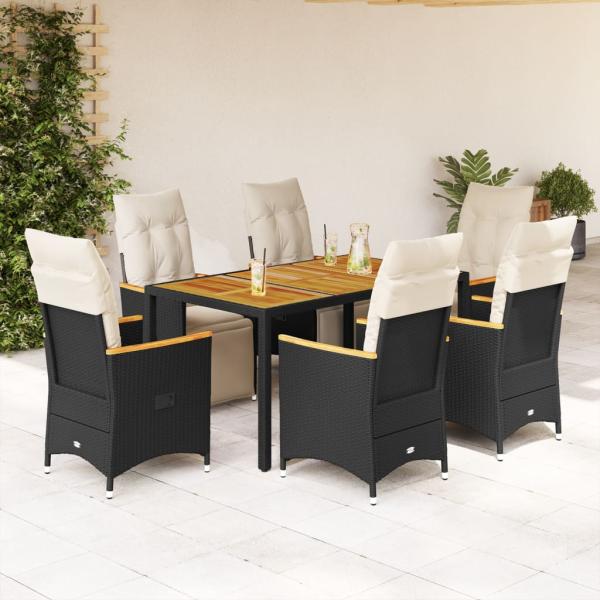 ARDEBO.de - 7-tlg. Garten-Bistro-Set mit Kissen Schwarz Poly Rattan
