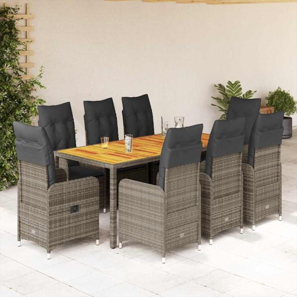 ARDEBO.de - 9-tlg. Garten-Bistro-Set mit Kissen Grau Poly Rattan
