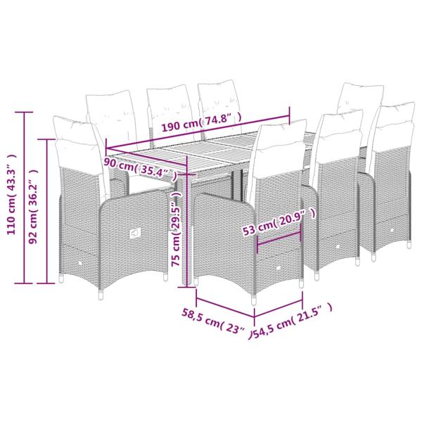 9-tlg. Garten-Bistro-Set mit Kissen Grau Poly Rattan