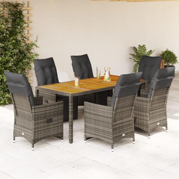 ARDEBO.de - 7-tlg. Garten-Bistro-Set mit Kissen Grau Poly Rattan