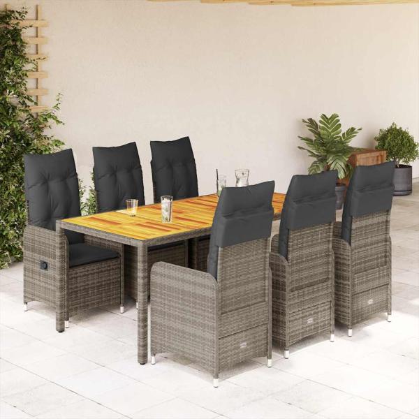 ARDEBO.de - 7-tlg. Garten-Bistro-Set mit Kissen Grau Poly Rattan