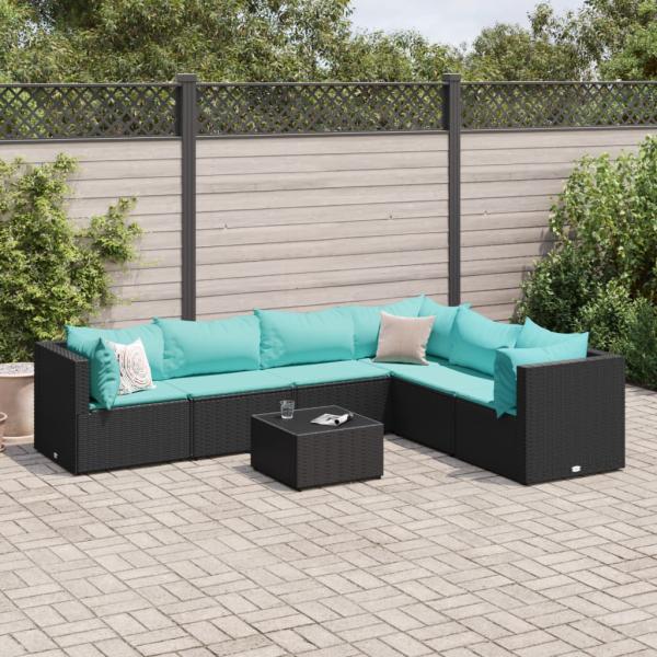 ARDEBO.de - 7-tlg. Garten-Lounge-Set mit Kissen Schwarz Poly Rattan
