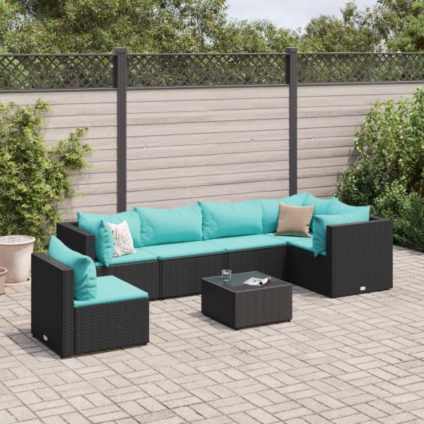 ARDEBO.de - 7-tlg. Garten-Lounge-Set mit Kissen Schwarz Poly Rattan