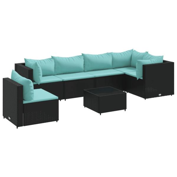 7-tlg. Garten-Lounge-Set mit Kissen Schwarz Poly Rattan