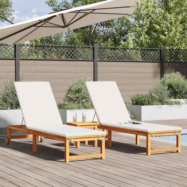 Sonnenliegen 2 Stück mit Kissen aus solidem Akazienholz, Sonnenliege mit cremeweißen Kissen aus solidem Akazienholz