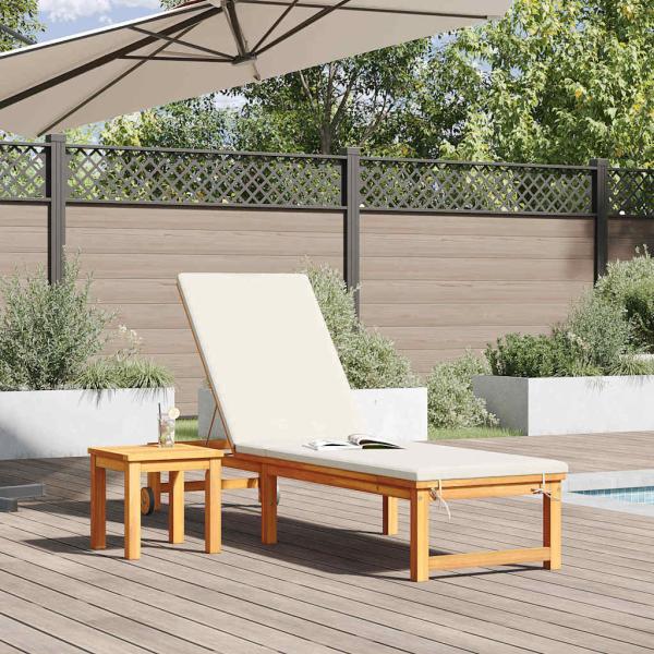 Sonnenliege mit Tisch und Kissen aus massivem Akazienholz, Sonnenliege mit Creme-Kissen aus massivem Akazienholz, Gartentisch 35x35x34 cm aus massivem Akazienholz