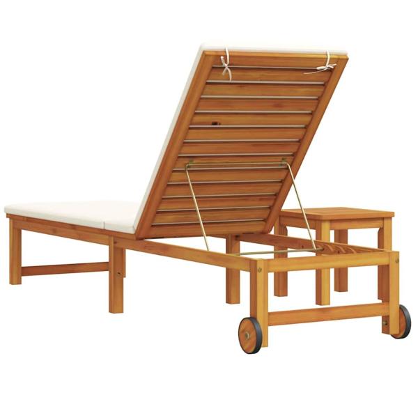 Sonnenliege mit Tisch und Kissen aus massivem Akazienholz, Sonnenliege mit Creme-Kissen aus massivem Akazienholz, Gartentisch 35x35x34 cm aus massivem Akazienholz