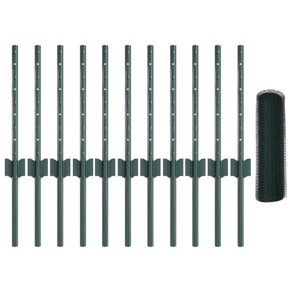Zaunpfosten 11 Stück U-Kanal Grün 40 cm Stahl, Sechseckzaun Grün 0,4x25 m Stahl