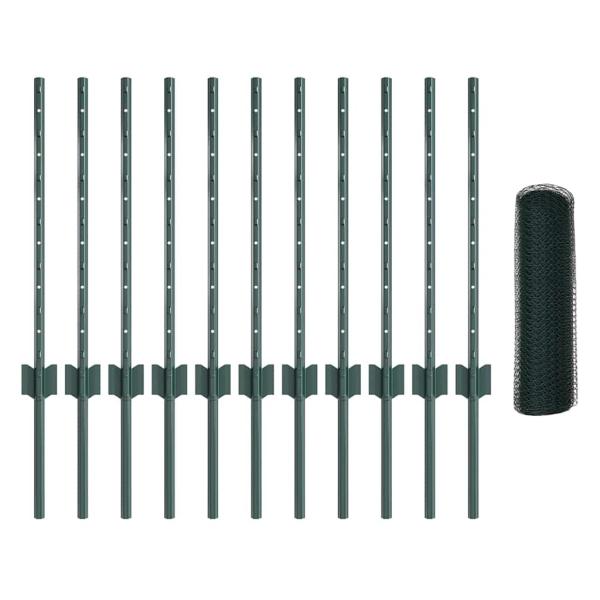 Zaunpfosten 11 Stück U-Kanal Grün 60 cm aus Stahl, Sechseckzaun Grün 0,6x25 m aus Stahl
