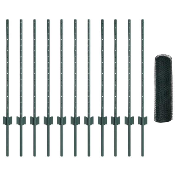 Zaunpfosten 11 Stück U-Profil Grün 80 cm Stahl, Sechseckzaun Grün 0,8x25 m Stahl