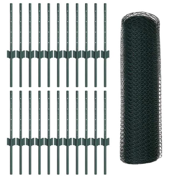 Zaunpfosten 11 Stück U-Kanal Grün 40 cm Stahl, Sechseckzaun Grün 0.4x50 m Stahl