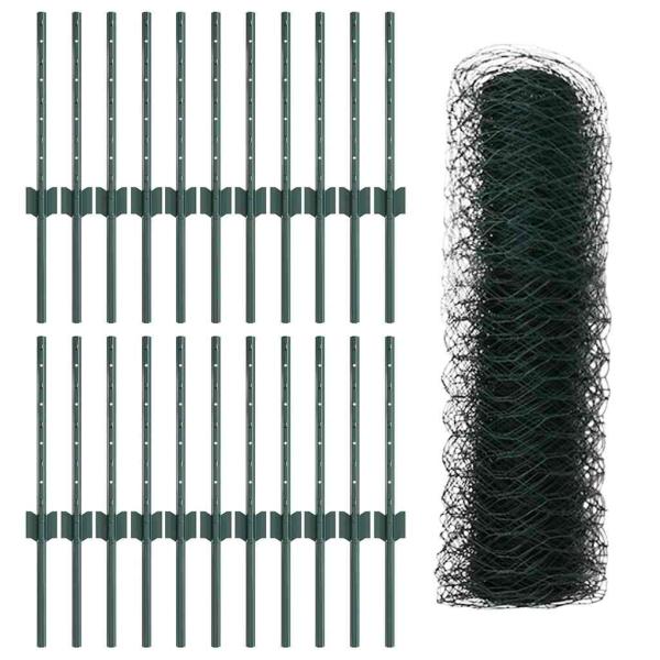 Zaunpfosten 11 Stück U-Kanal Grün 40 cm Stahl, Sechseckiger Zaun Grün 0,4x50 m Stahl