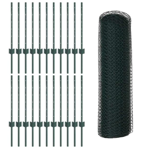 Zaunpfosten 11 Stück U-Profil Grün 60 cm Stahl, Hexagon Zaun Grün 0.5x50 m Stahl