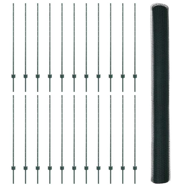 Zaunpfosten 11 Stk U-Kanal Grün 140 cm Stahl, Sechseckzaun Grün 1,4x50 m Stahl