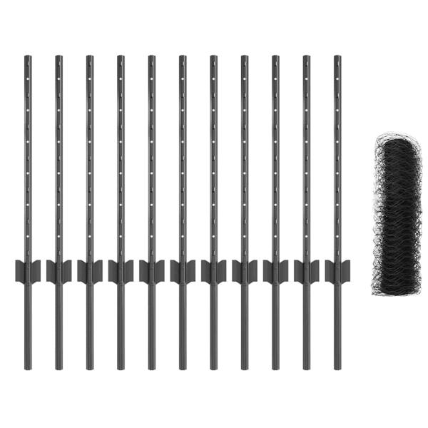 Zaunpfosten 11 Stück U-Kanal Grau 60 cm Stahl, Sechseck Zaun Grau 0.6x25 m Stahl