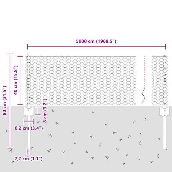 Zaunpfosten 11 Stück U-Profil Grau 40 cm Stahl, Hexagonzaun Grau 0,4x50 m Stahl