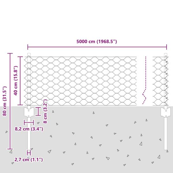 Zaunpfosten 11 Stück U-Kanal Grau 40 cm Stahl, Sechseckzaun Grau 0,4x50 m Stahl