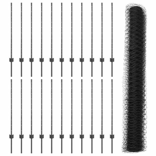 Zaunpfosten 22 Stück U-Profil Grau 100 cm Stahl, Sechseckzaun Grau 1x50 m Stahl