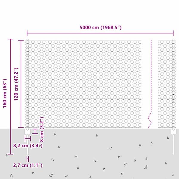 Zaunpfosten 22 Stk U-Profil Grau 120 cm Stahl, Sechseckzaun Grau 1.2 x 50 m Stahl