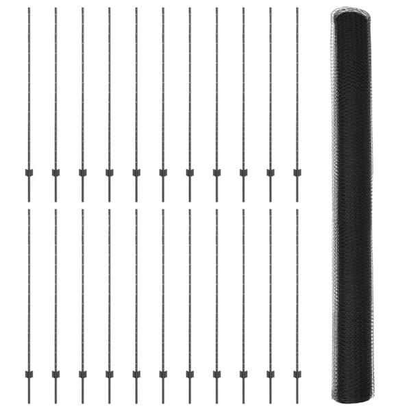 Zaunpfosten 22 Stück U-Kanal Grau 160 cm Stahl, Hexagonzaun Grau 1.6x50 m Stahl