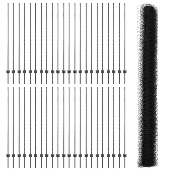 Zaunpfosten U-Profil 22 Stück Grau 160 cm Stahl, Sechseckzaun Grau 1,6x100 m Stahl