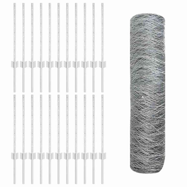 Zaunpfosten 11 Stück U-Profil 60 cm verzinkter Stahl, Sechseckzaun 0,5x50 m verzinkter Stahl