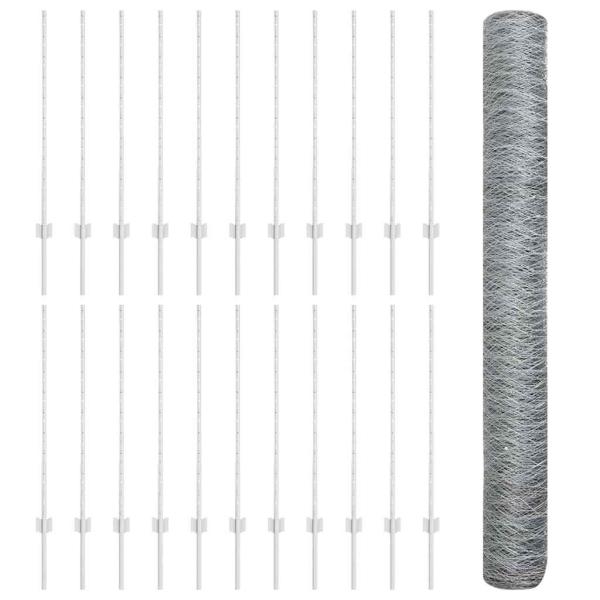 Zaunpfosten 10 Stück U-Kanal 140 cm verzinkter Stahl, Sechseckzaun 1x50 m verzinkter Stahl