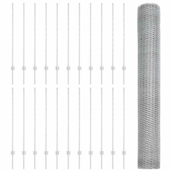 Zaunpfosten 22 Stück U-Profil 120 cm verzinkter Stahl, Sechseckzaun 1.2x50 m verzinkter Stahl