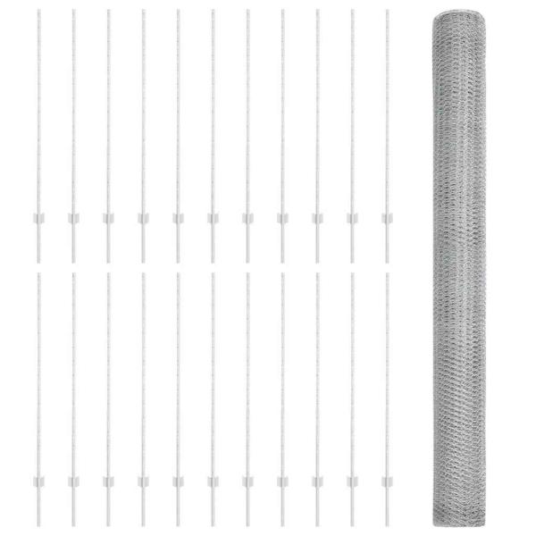 Zaunpfosten 22 Stück U-Kanal 140 cm verzinkter Stahl, Sechseckzaun 1,4x50 m verzinkter Stahl