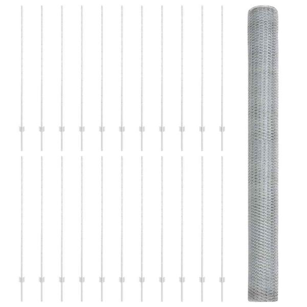 Zaunpfosten 22 Stück U-Kanal 160 cm verzinkter Stahl, Sechseckzaun 1.6x50 m verzinkter Stahl