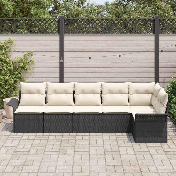 6-teiliges Garten-Sofa-Set mit Kissen Schwarz Poly-Rattan